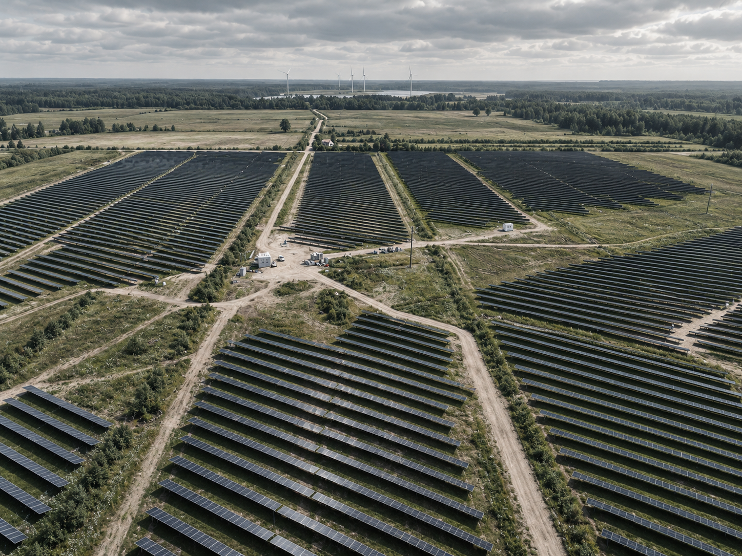 Aerial view of a GDS Green-owned solar generation asset in the Latvian landscape, with rows of solar arrays, a central access road, and distant wind turbines on the horizon.