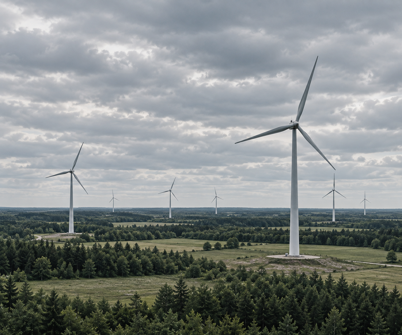 Inland Baltic wind farm under an overcast sky, with one dominant foreground turbine and several more receding across gently rolling farmland and forest.